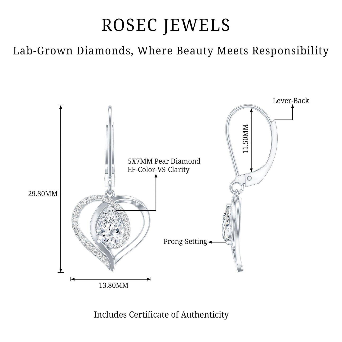 Certified 1.3 Carat Pear Lab Grown Diamond Heart Drop Earrings