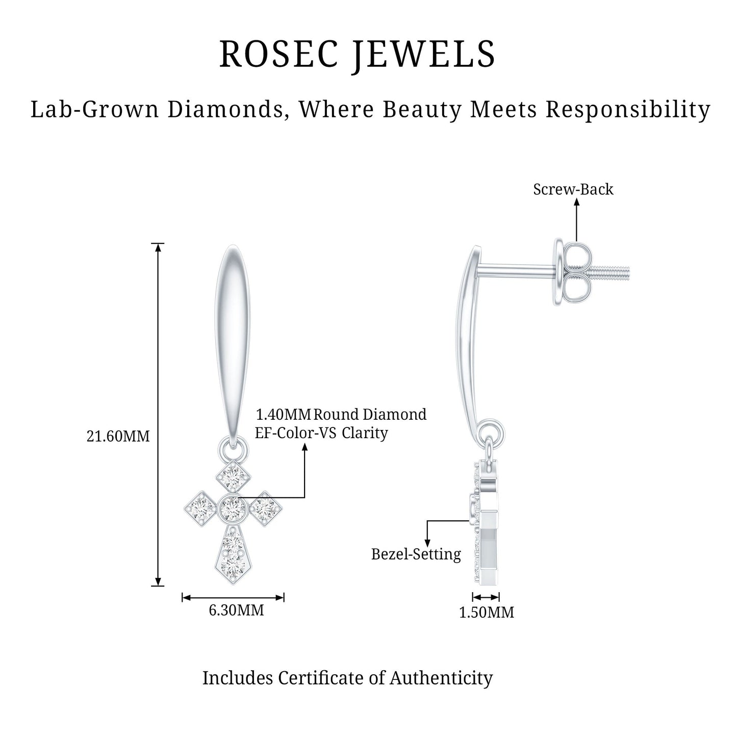 Lab Grown Diamond Cross Drop Earrings With Screw Back