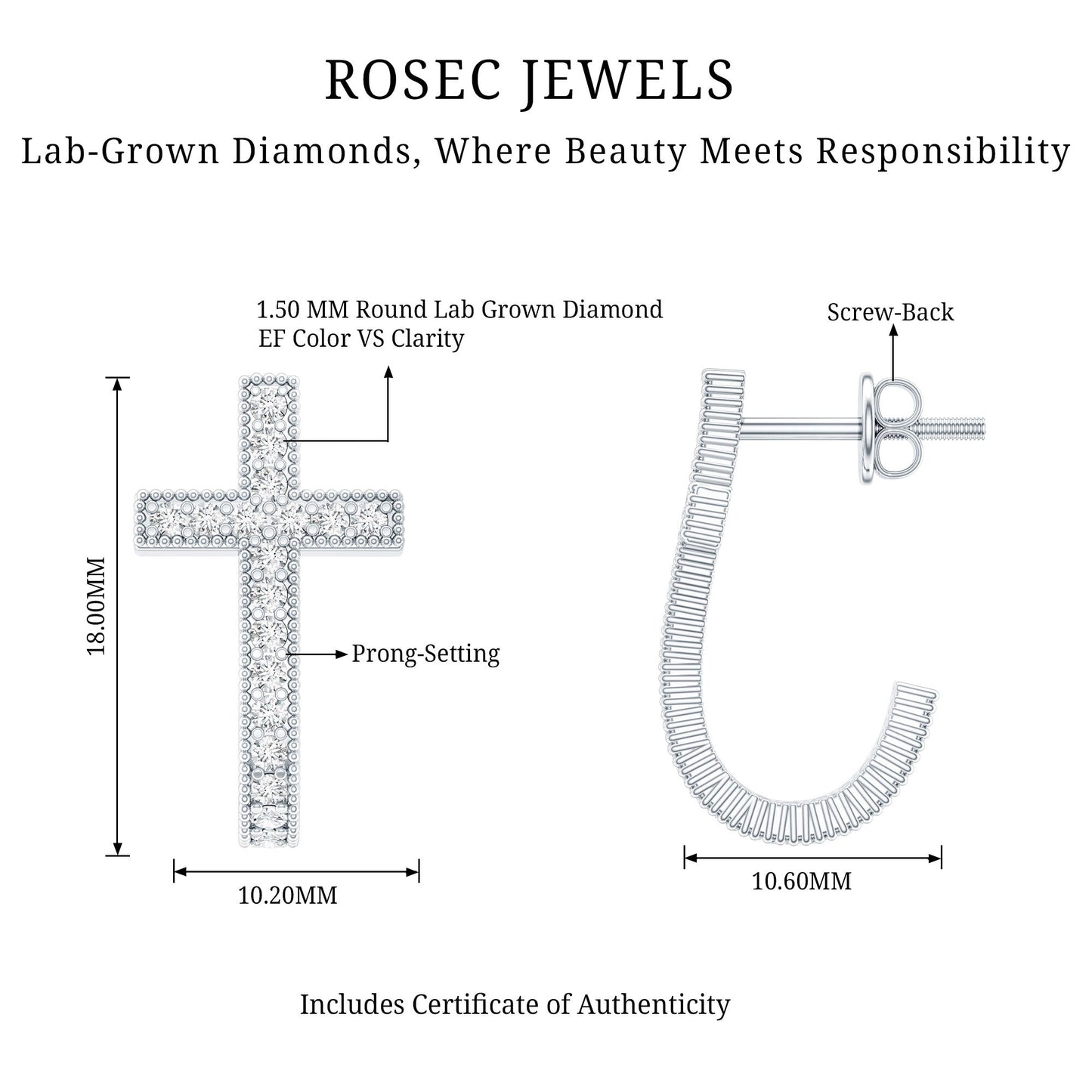 Lab Grown Diamond Religious Cross Earrings with Screw back