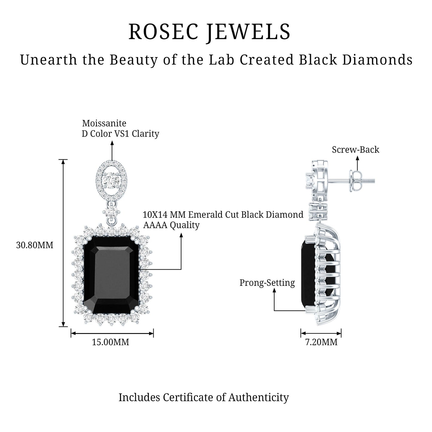 18 Carat Emerald Cut Lab Grown Black Diamond Statement Earrings in Silver