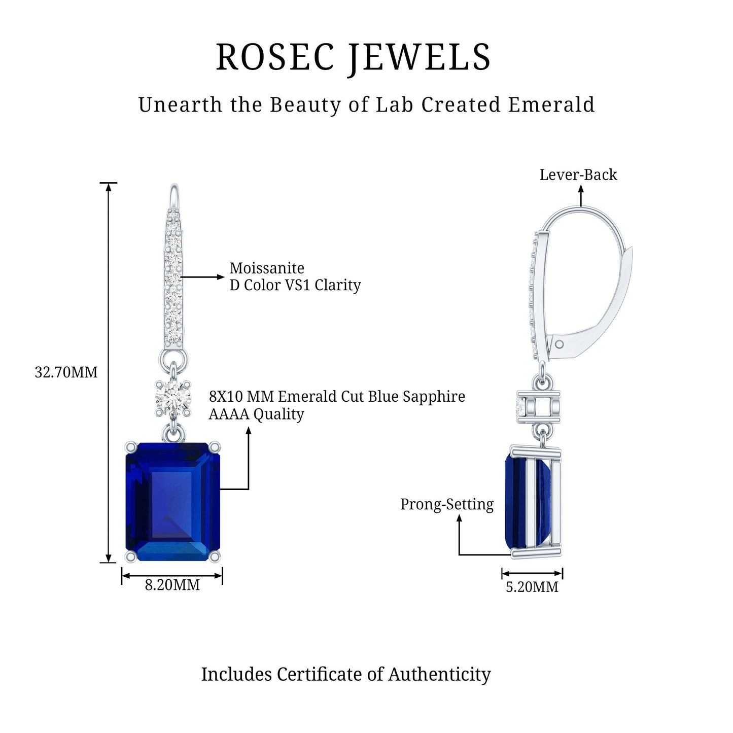 5.5 Carat Emerald Cut Lab Grown Blue Sapphire Drop Earrings in Silver