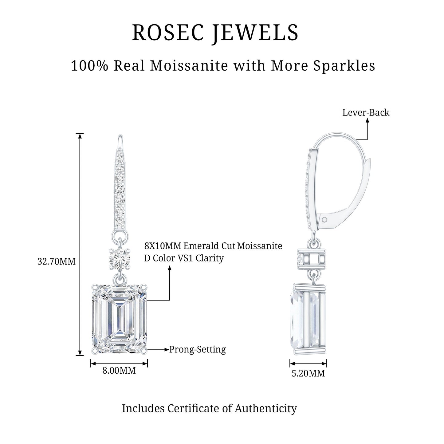 Certified 7 Carat Moissanite Silver Dangle Earrings For Women
