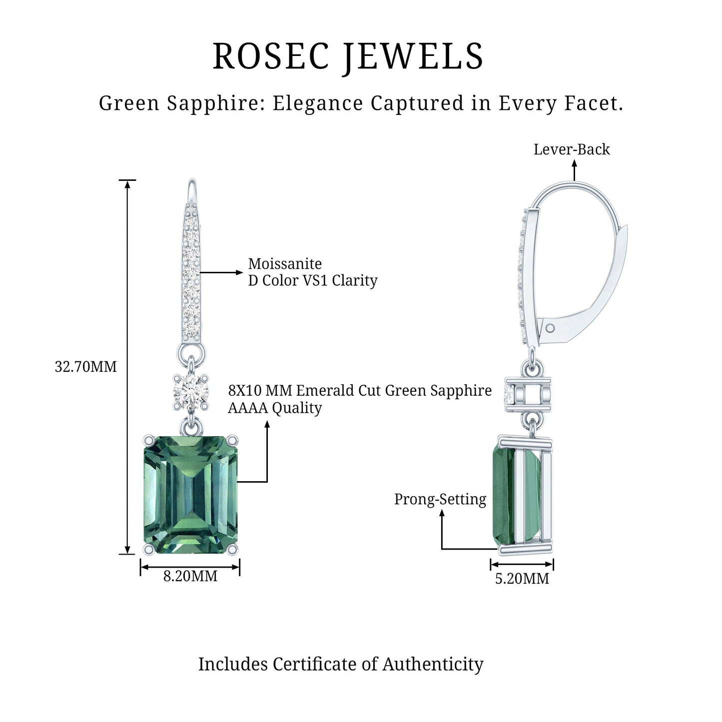 5.5 Carat Emerald Cut Lab Grown Green Sapphire Drop Earrings in Silver