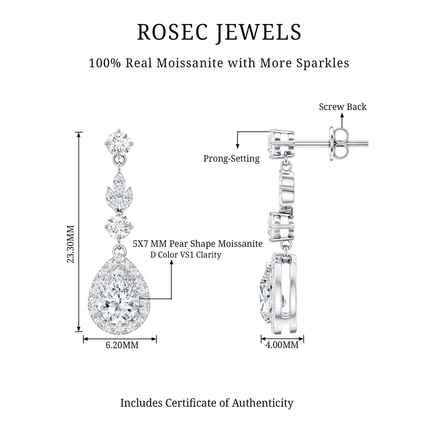 Certified Moissanite Wedding Dangling Earrings in Silver