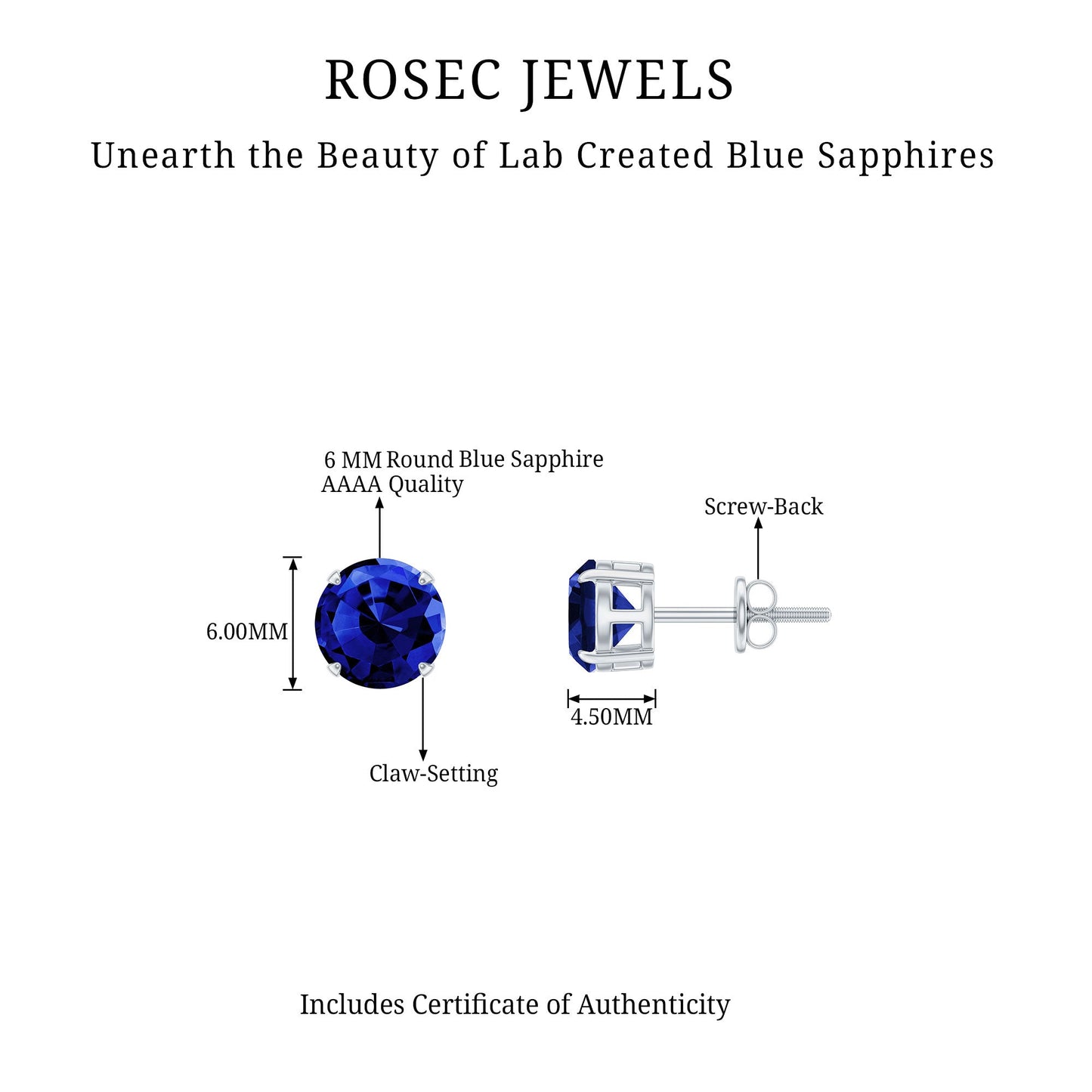Certified Lab Created Blue Sapphire Stud Earrings in Claw Setting