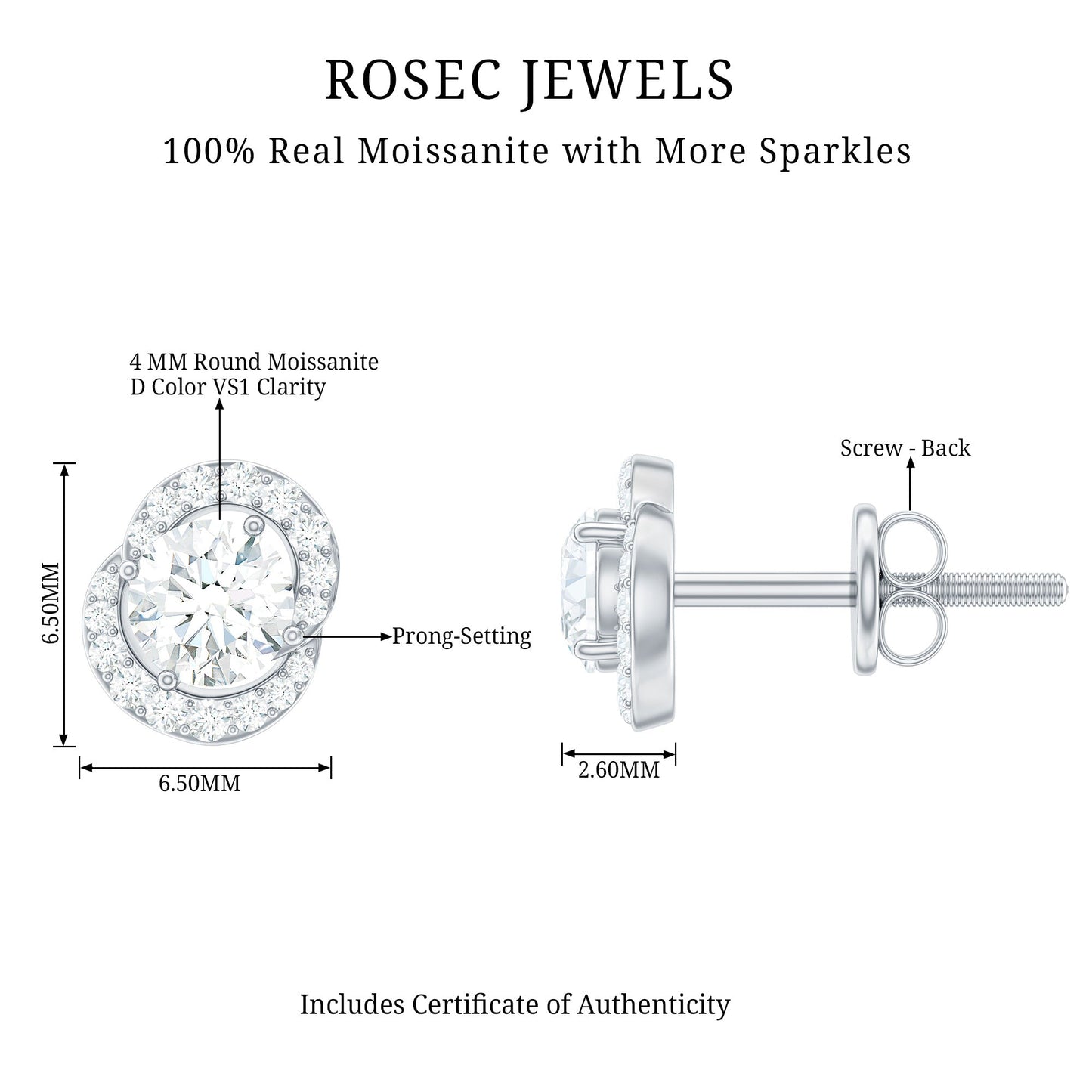 Certified Moissanite Everyday Stud Earrings with Screw Back