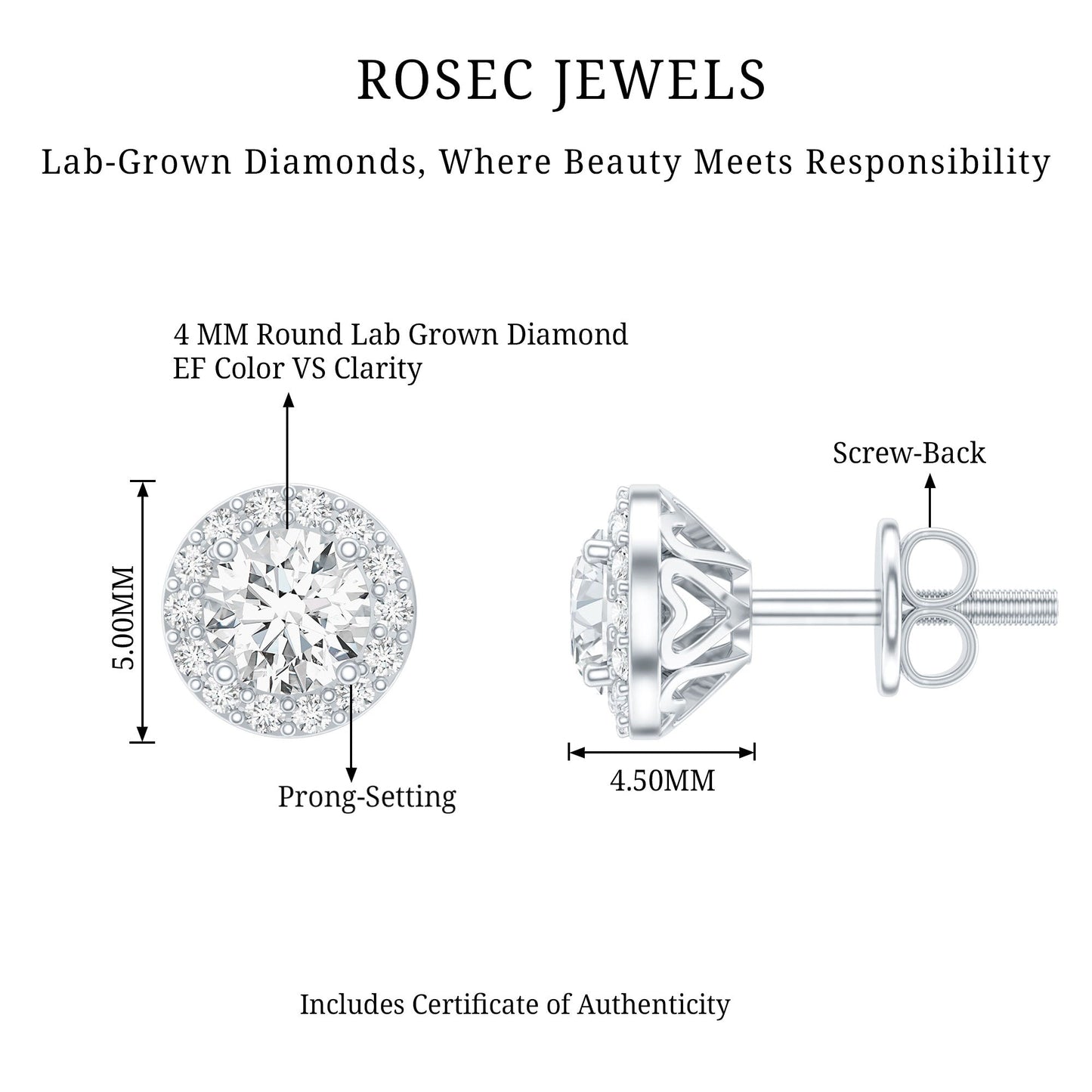 0.64 CTW Lab Grown Diamond Halo Stud Earrings (4mm, Screw Back)
