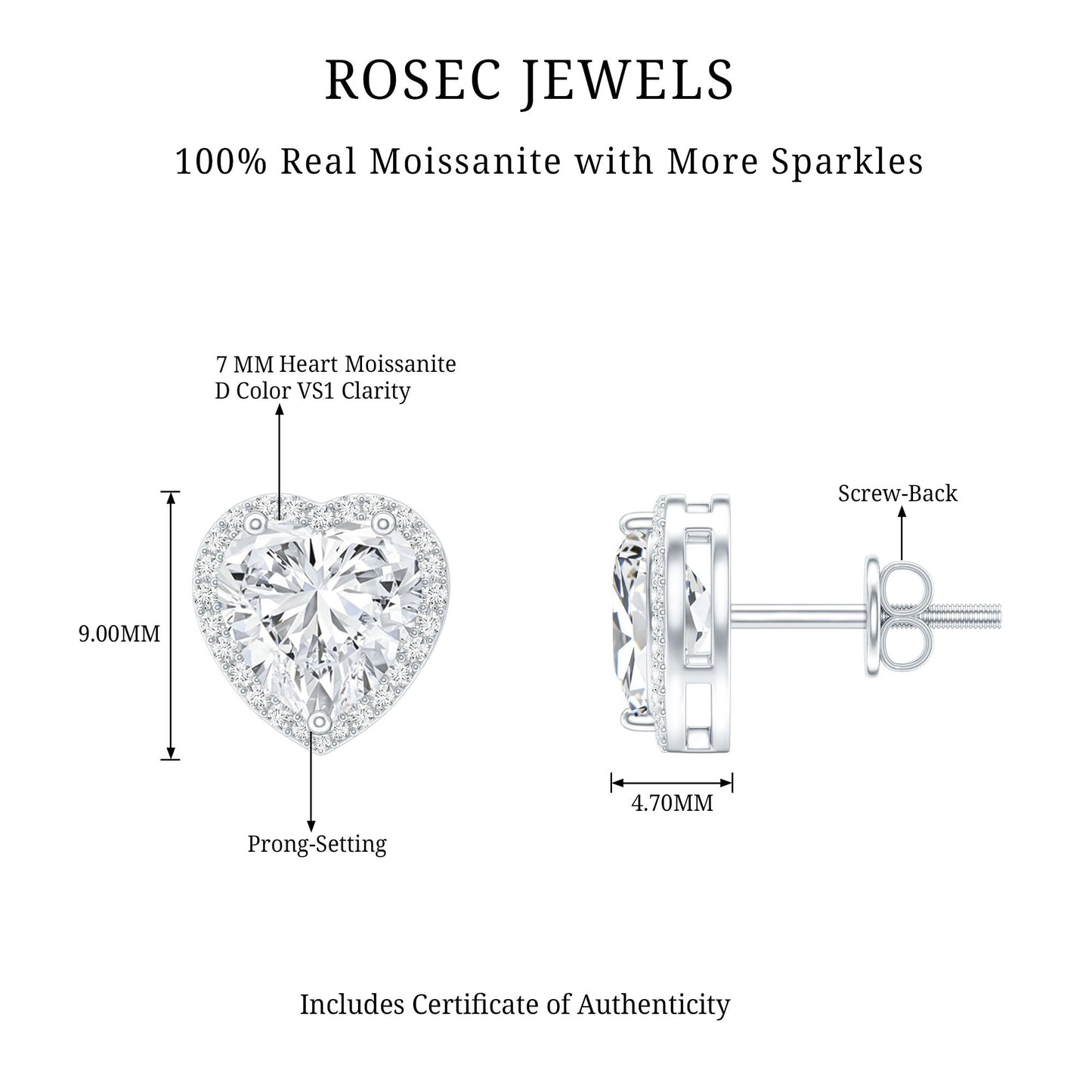 Certified Moissanite Heart Stud Earrings with Halo