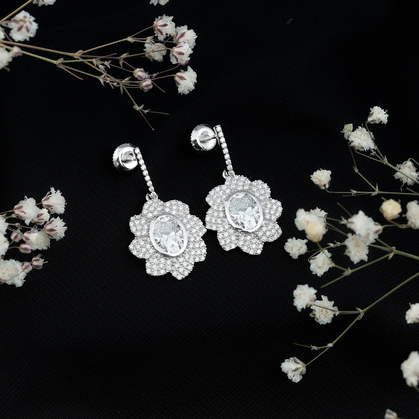 Bezel Set 2.5 Carat Oval Moissanite Flower Drop Earrings