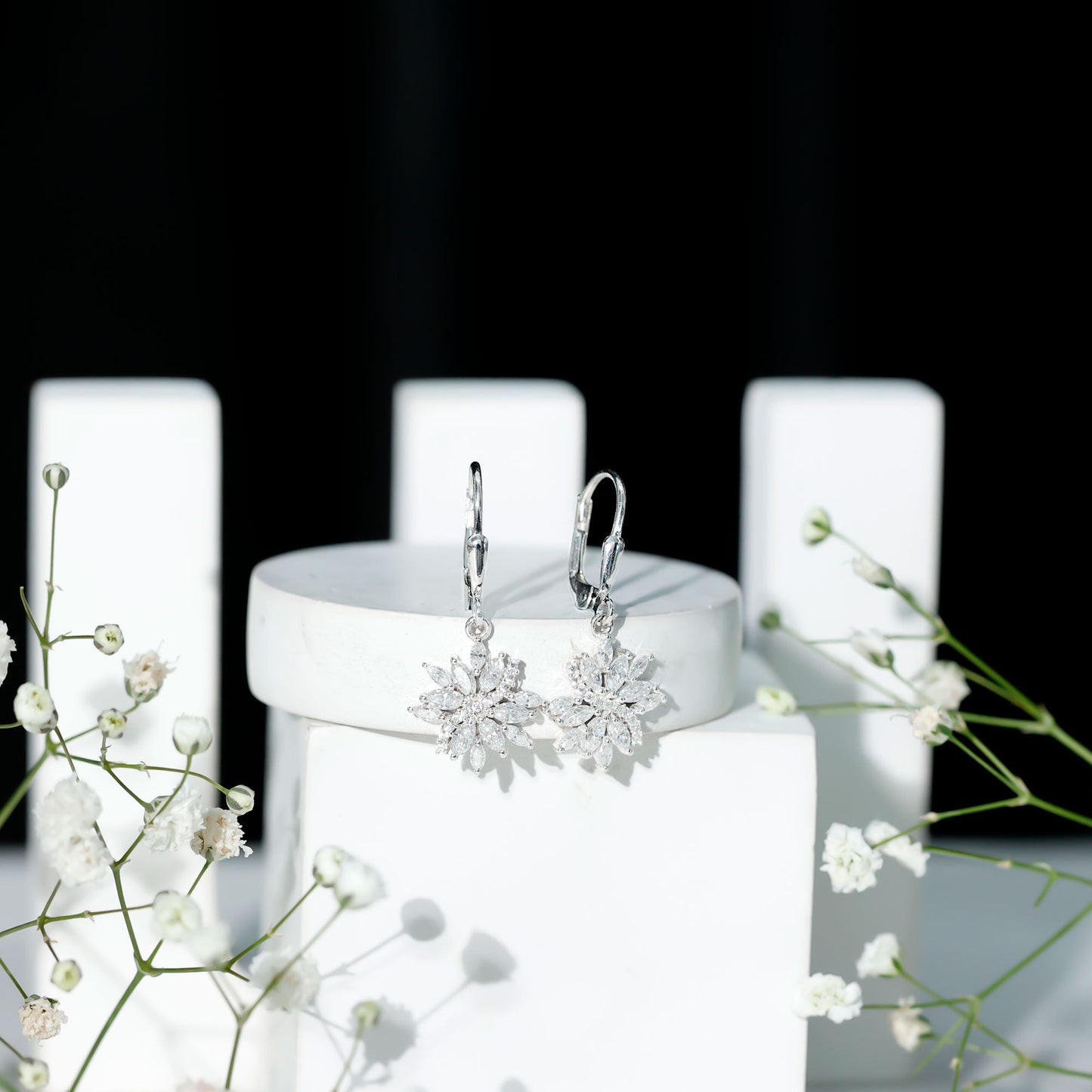 Sterling Silver Moissanite Drop Flower Earrings with Lever Back