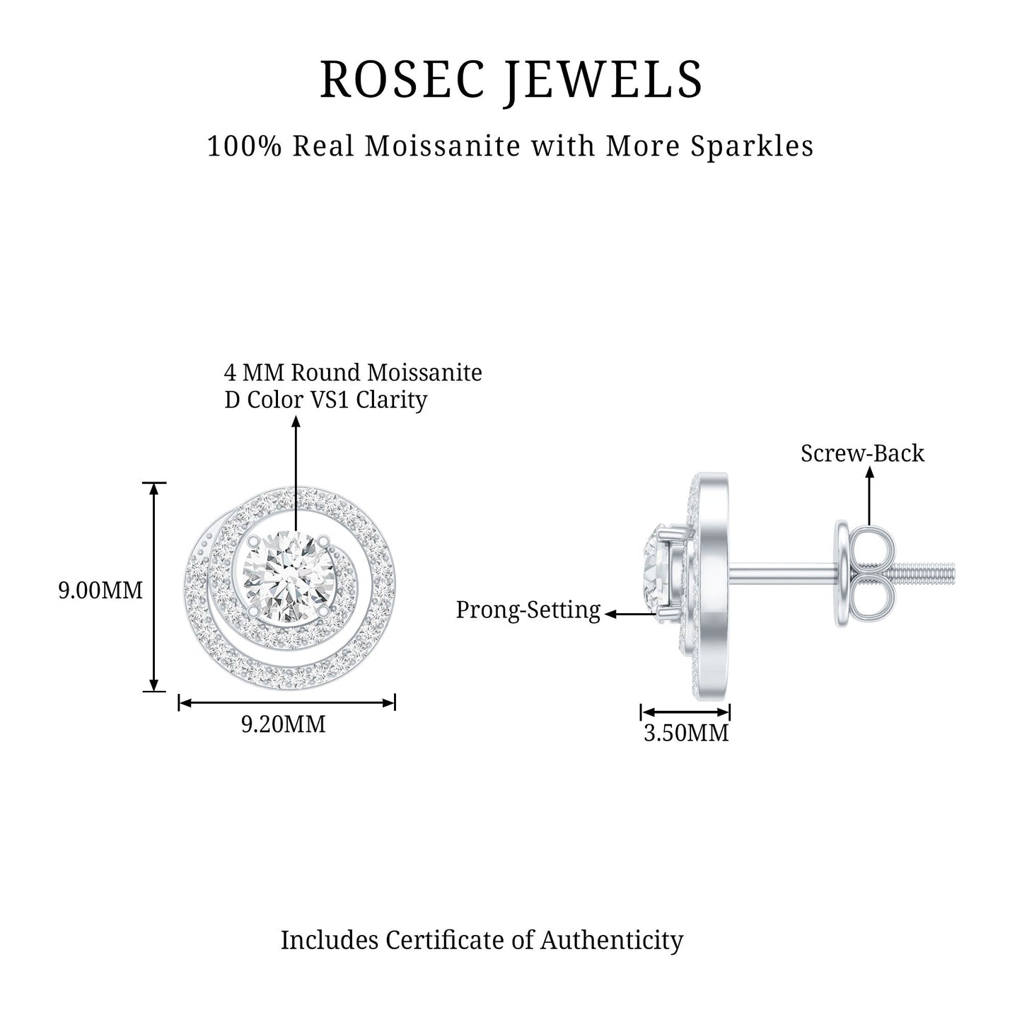 Sterling Silver Moissanite Swirl Stud Earrings for Women