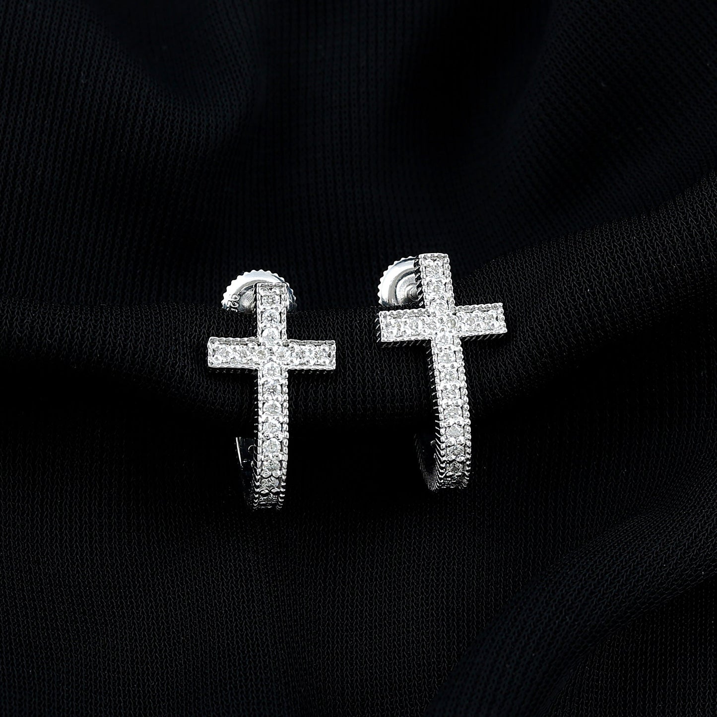 Certified Moissanite Cross J Hoop Earrings in Sterling Silver