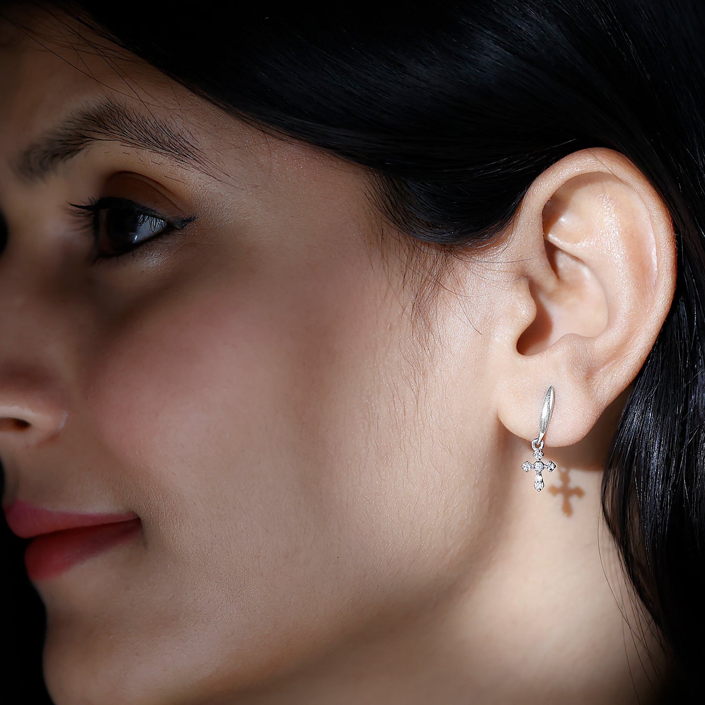 Minimalist Moissanite Cross Drop Earrings in Sterling Silver