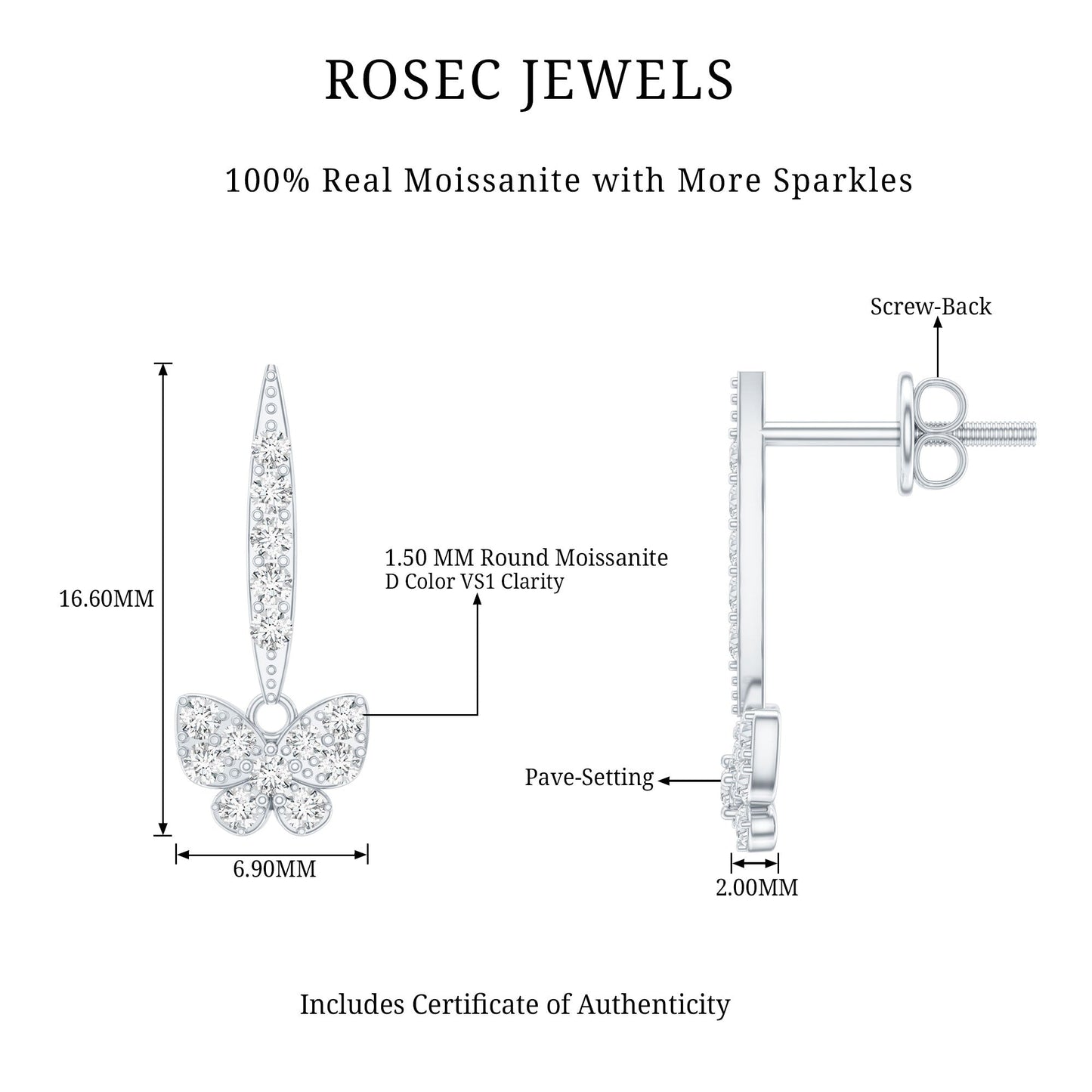 Certified Moissanite Butterfly Drop Earrings for Women