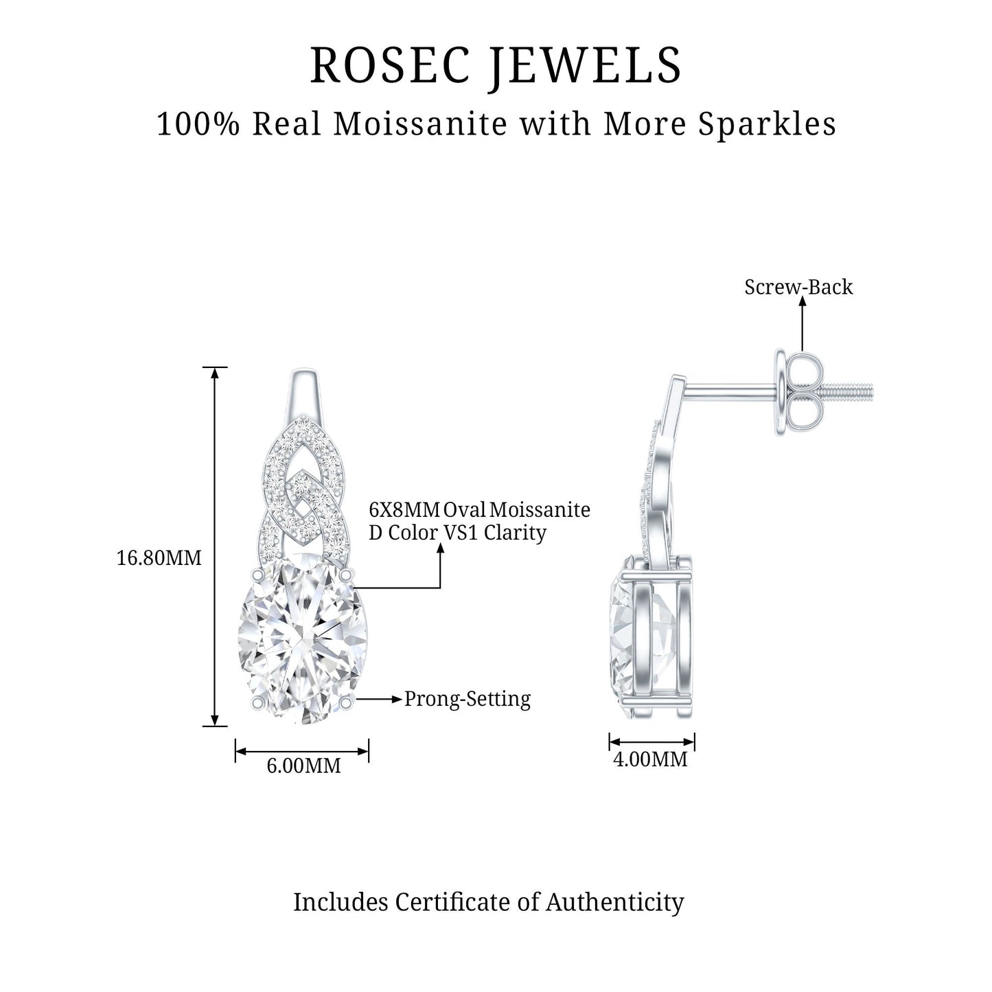 Certified 2.58 Carat Oval Moissanite Drop Earrings with Screw Back