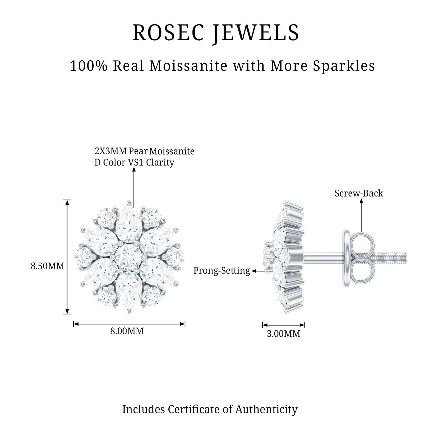 Certified Moissanite Flower Stud Earrings with Screw Back