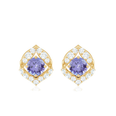 Natural 1 Carat Tanzanite Stud Earrings with Diamond or Women