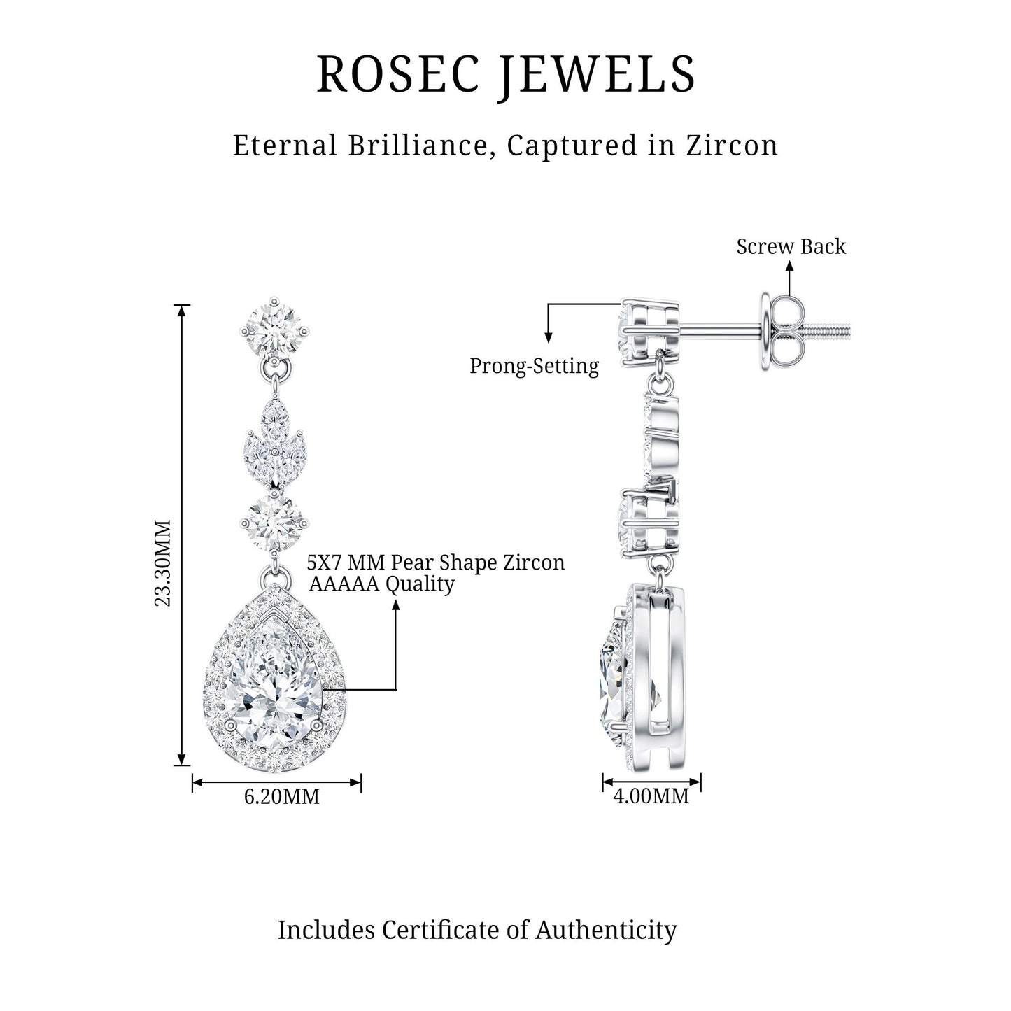Certified 2 Carat CZ and Silver Teardrop Dangle Earrings for Wedding