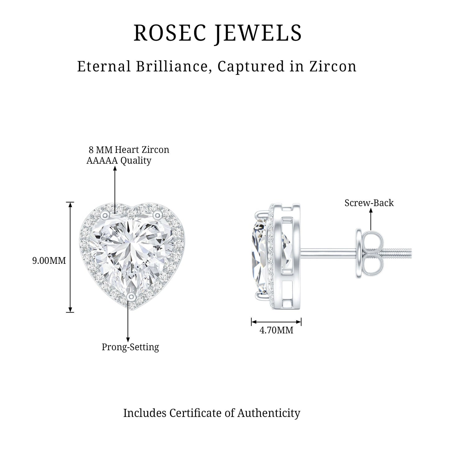 Certified 4 Carat Cubic Zirconia Heart Stud Earrings For Women