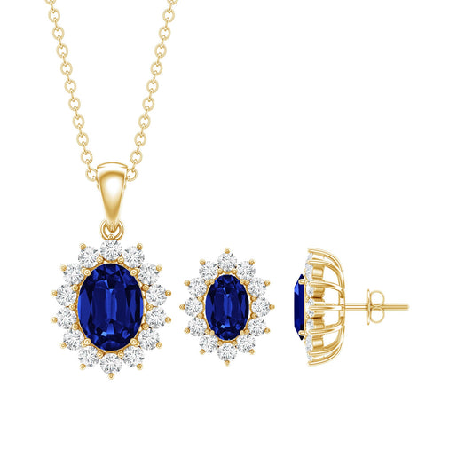Oval Shaped Lab Created Blue Sapphire Necklace and Earrings Set with Moissanite Halo