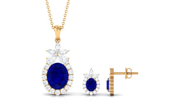 Lab Created Blue Sapphire Floral Jewelry Set with Moissanite
