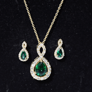 Pear Shaped Lab Created Emerald and Diamond Infinity Jewelry Set