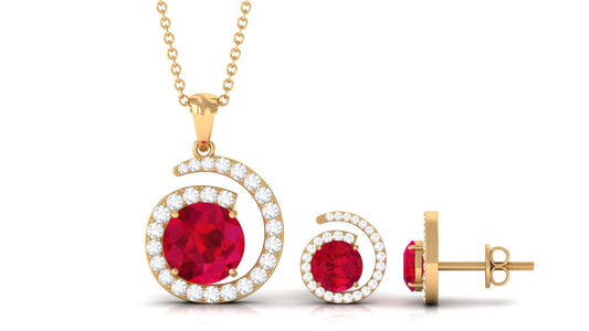 Lab Created Ruby and Moissanite Swirl Pendant and Earrings Set