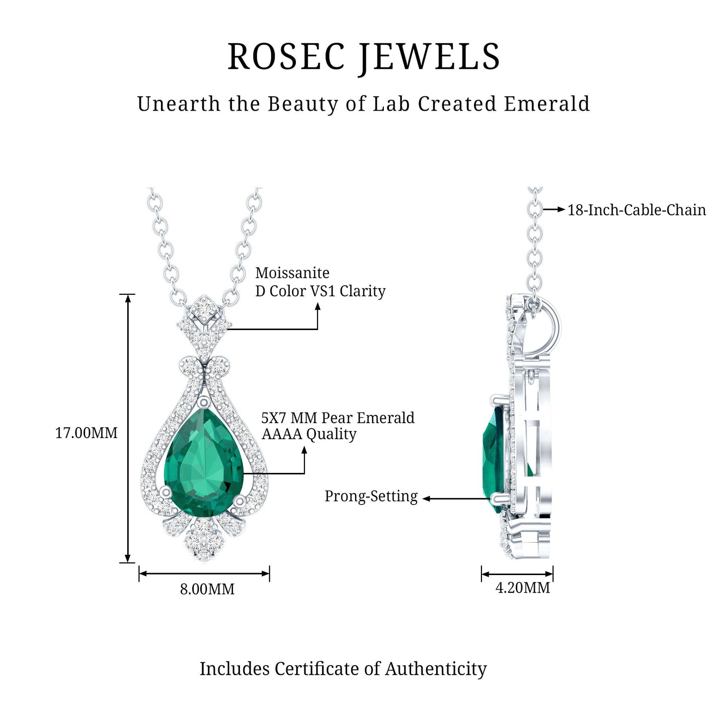 Vintage Inspired Lab Grown Emerald 0.75 Carat Bridal Necklace with Silver Chain