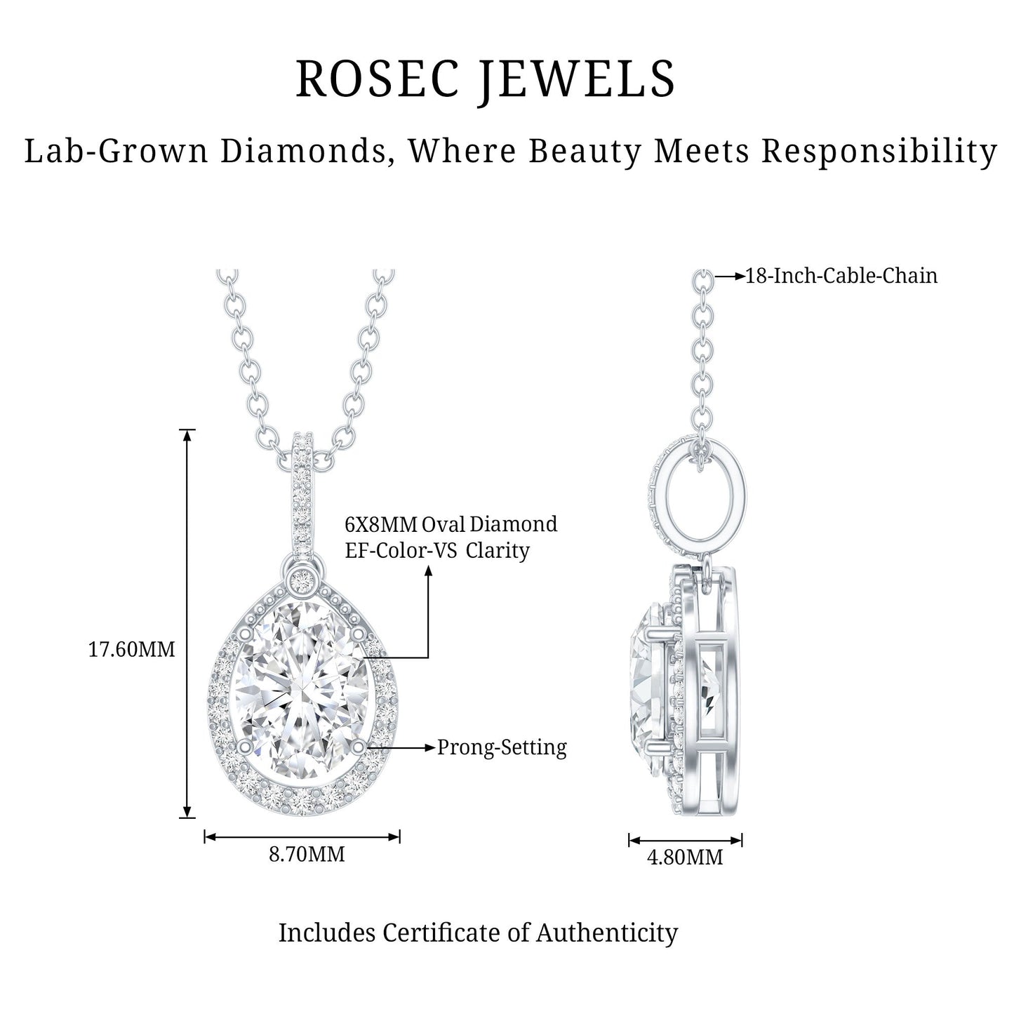 1 Carat Oval Lab Grown Diamond Teardrop Halo Necklace For Women