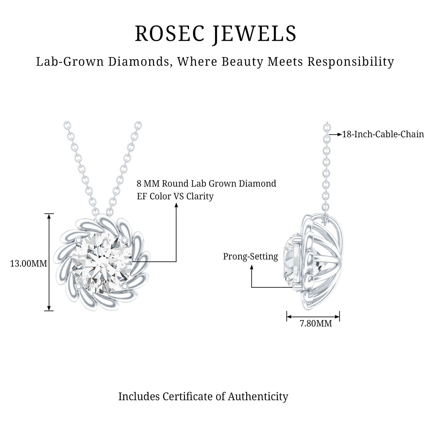 2 Carat Lab Grown Diamond Solitaire Necklace For Women