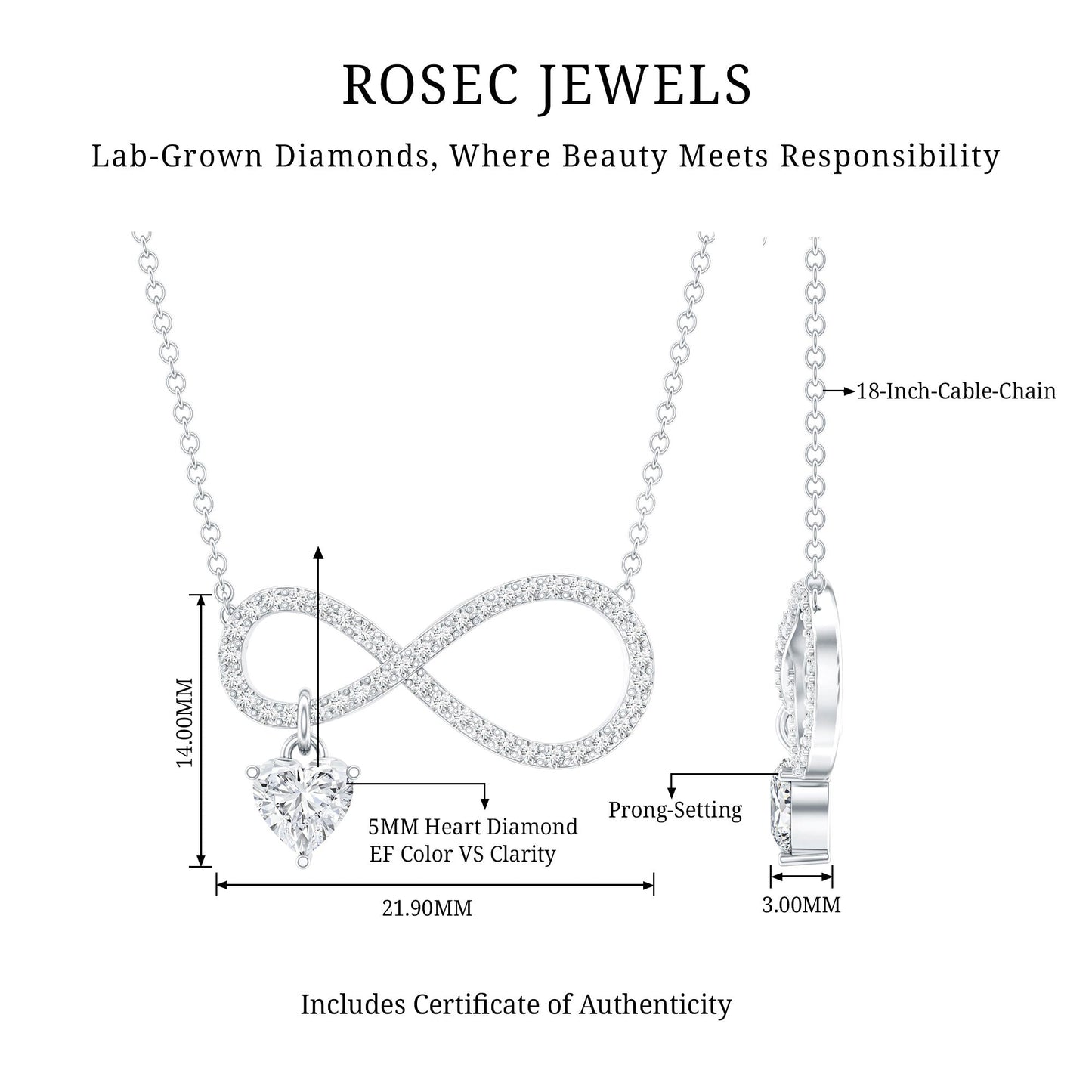 Pave Set Lab Grown Diamond Infinity Heart Charm Necklace