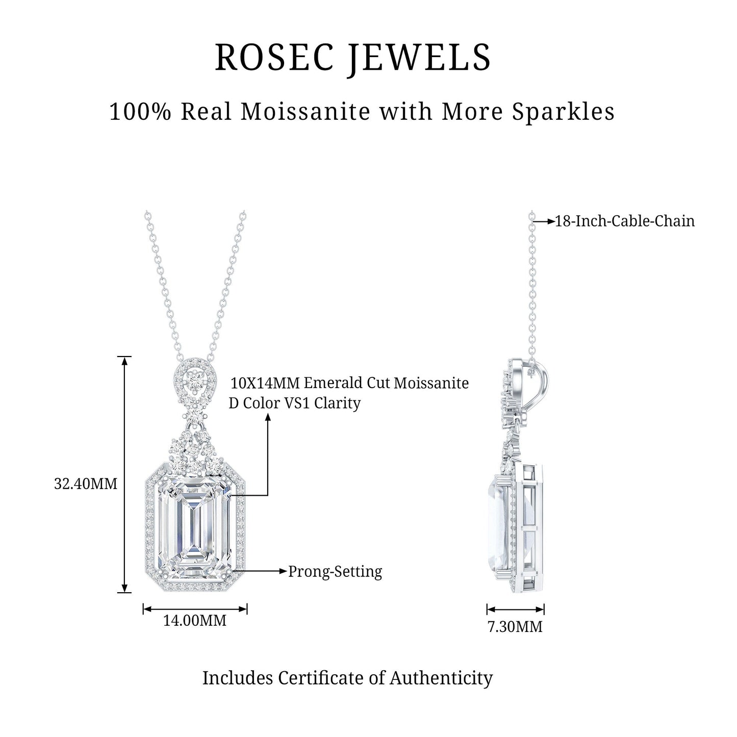 4.5 Carat Emerald Cut Moissanite Wedding Necklace with Silver Chain
