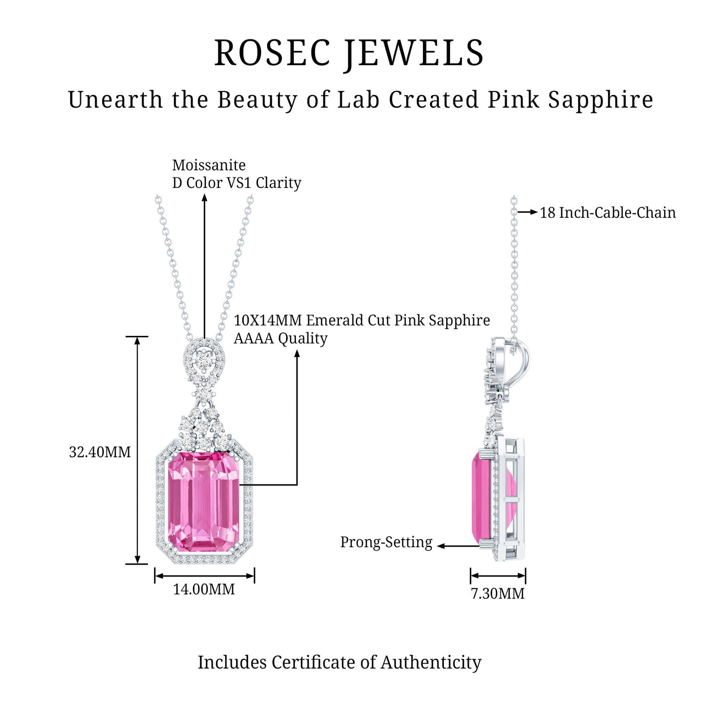 9 Carat Lab Grown Pink Sapphire Art Deco Necklace With Silver Chain