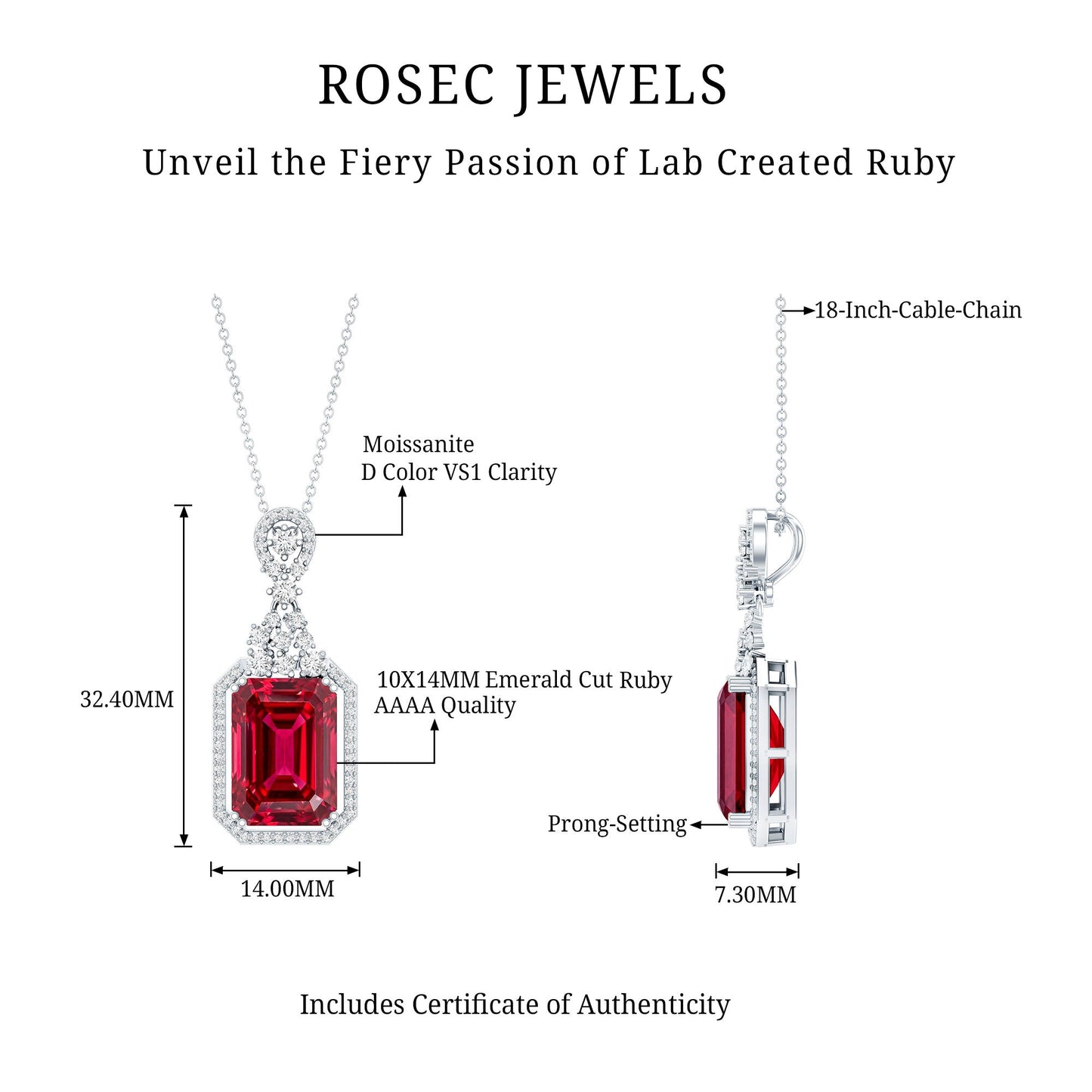 Certified 5 Carat Lab Grown Ruby Vintage Necklace With Silver Chain
