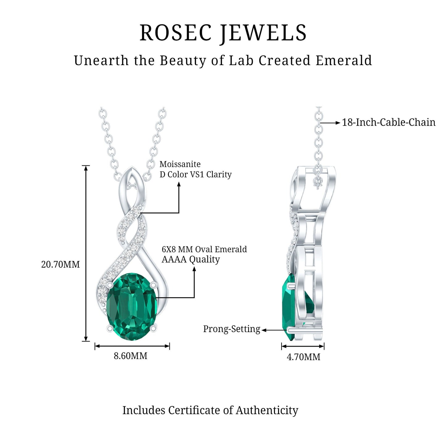 1.25 Carat Lab Grown Emerald Infinity Necklace with Silver Chain
