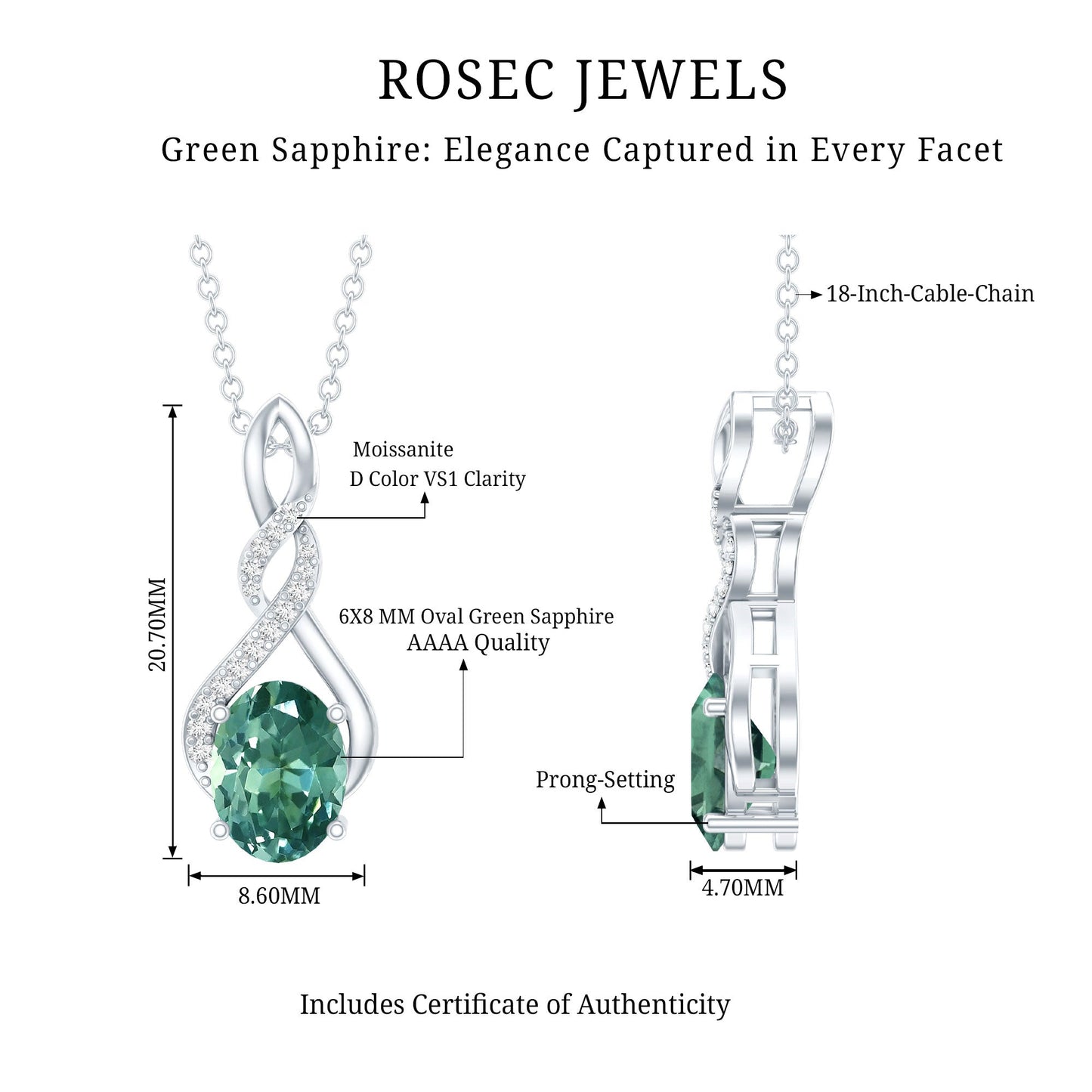 1.5 Carat Lab Grown Green Sapphire Infinity Necklace With Silver Chain