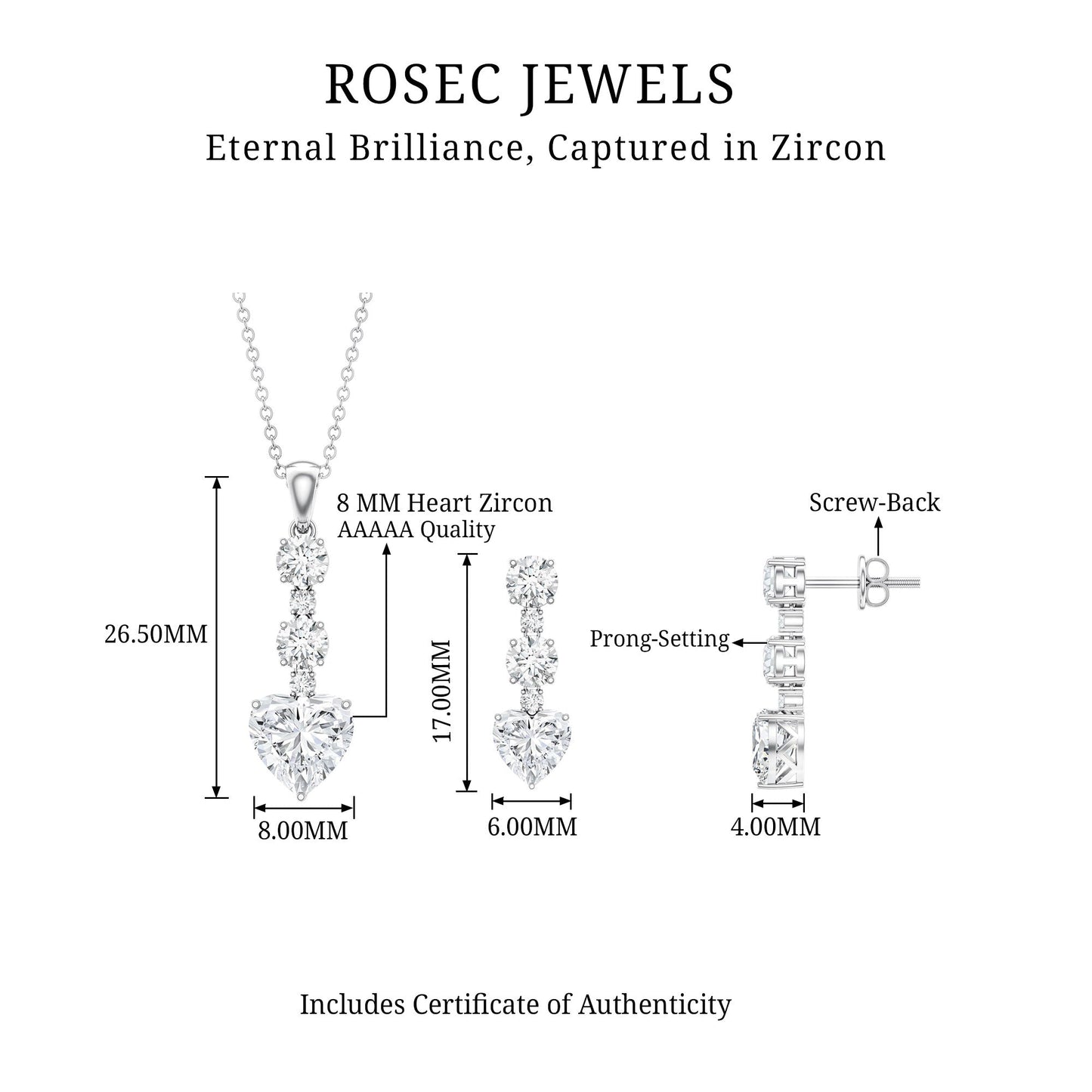 Cubic Zirconia Heart Necklace and Earrings Set in Sterling Silver