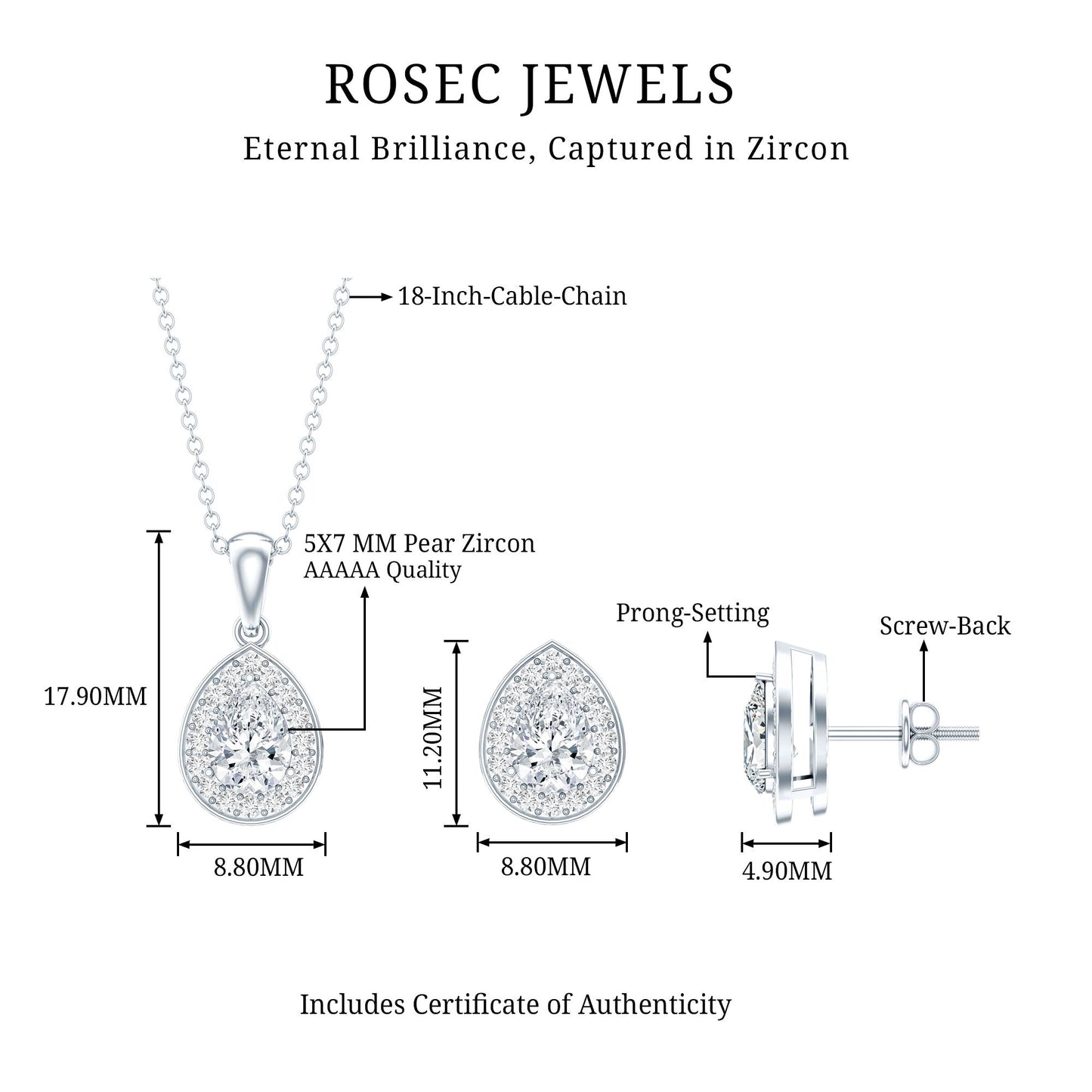 Certified CZ Diamond Teardrop Necklace and Earrings Set for Women