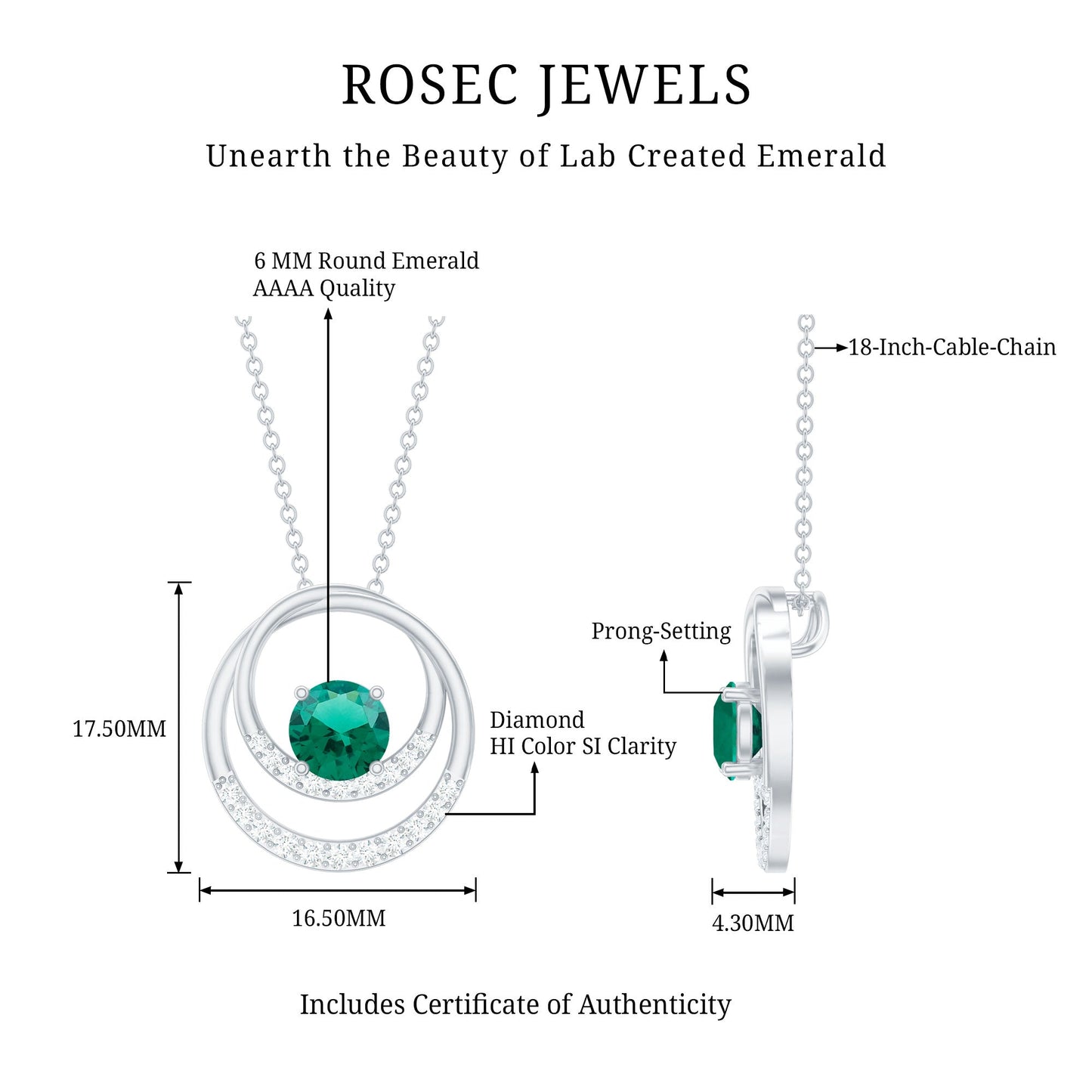 0.8 Carat Lab Created Emerald and Diamond Interlocking Circle Pendant