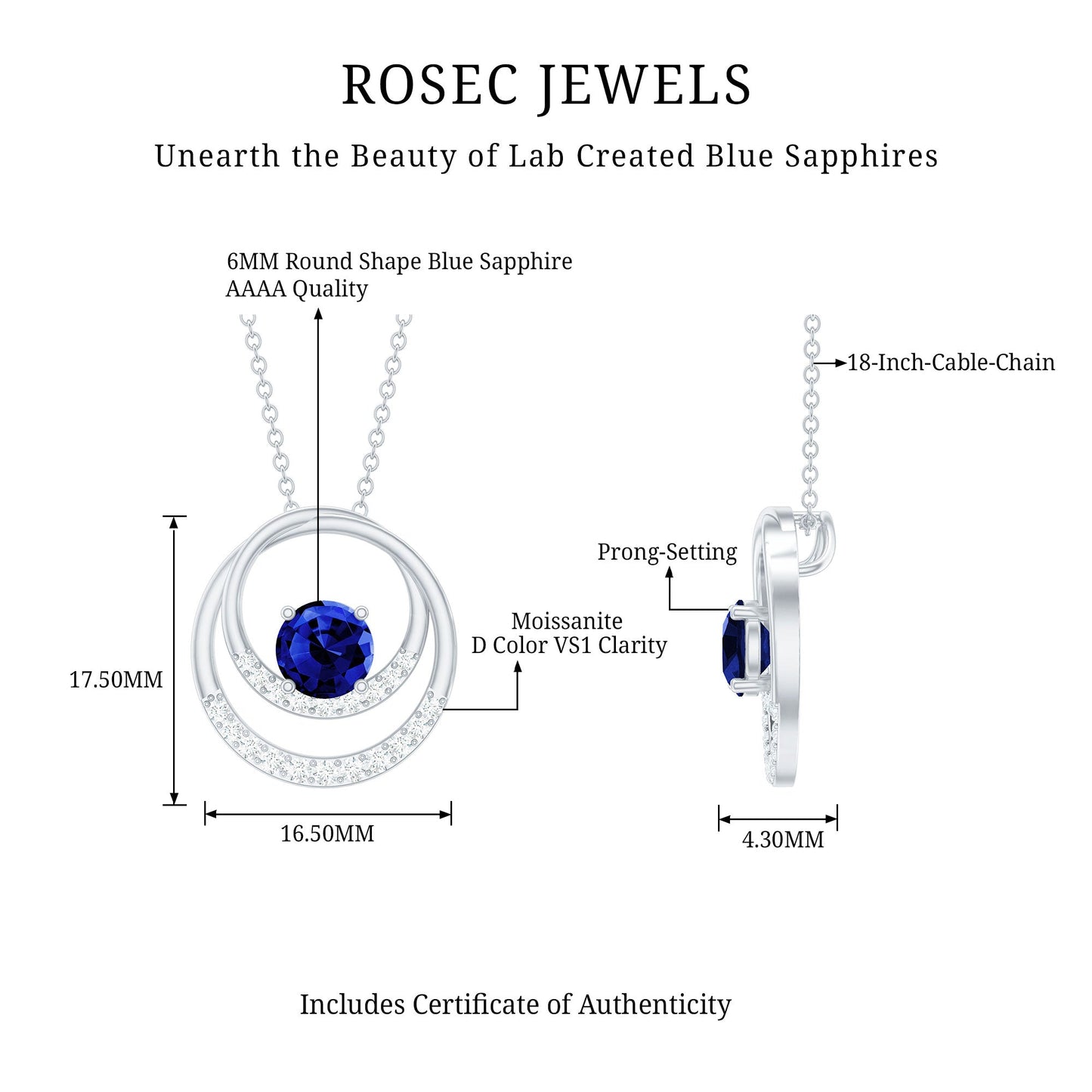 Lab Grown Blue Sapphire and Moissanite Promise Necklace