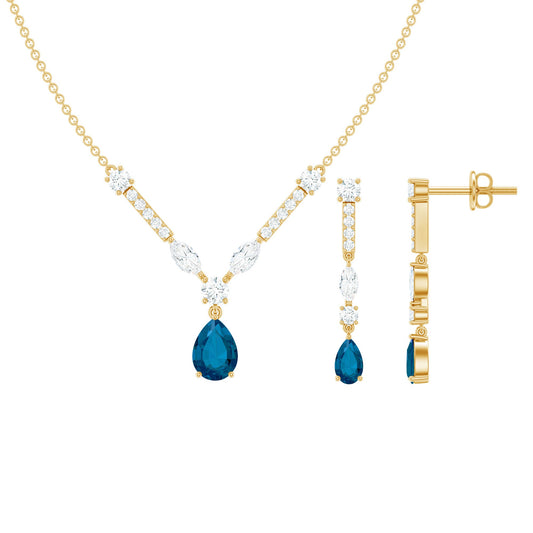 Pear Shape London Blue Topaz and Moissanite Wedding Necklace Earrings Set