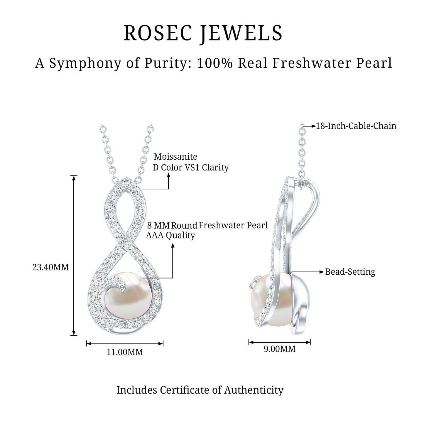 Designer Freshwater Pearl and Moissanite Infinity Necklace With Chain