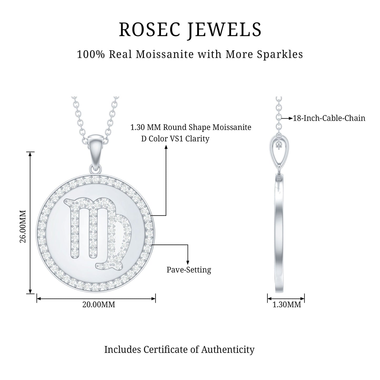 Virgo Zodiac Sign Disc Pendant with Pave Set Moissanite