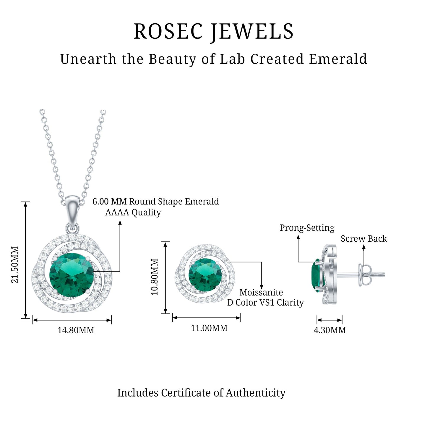 Lab Created Emerald Swirl Necklace and Earrings Set With Moissanite