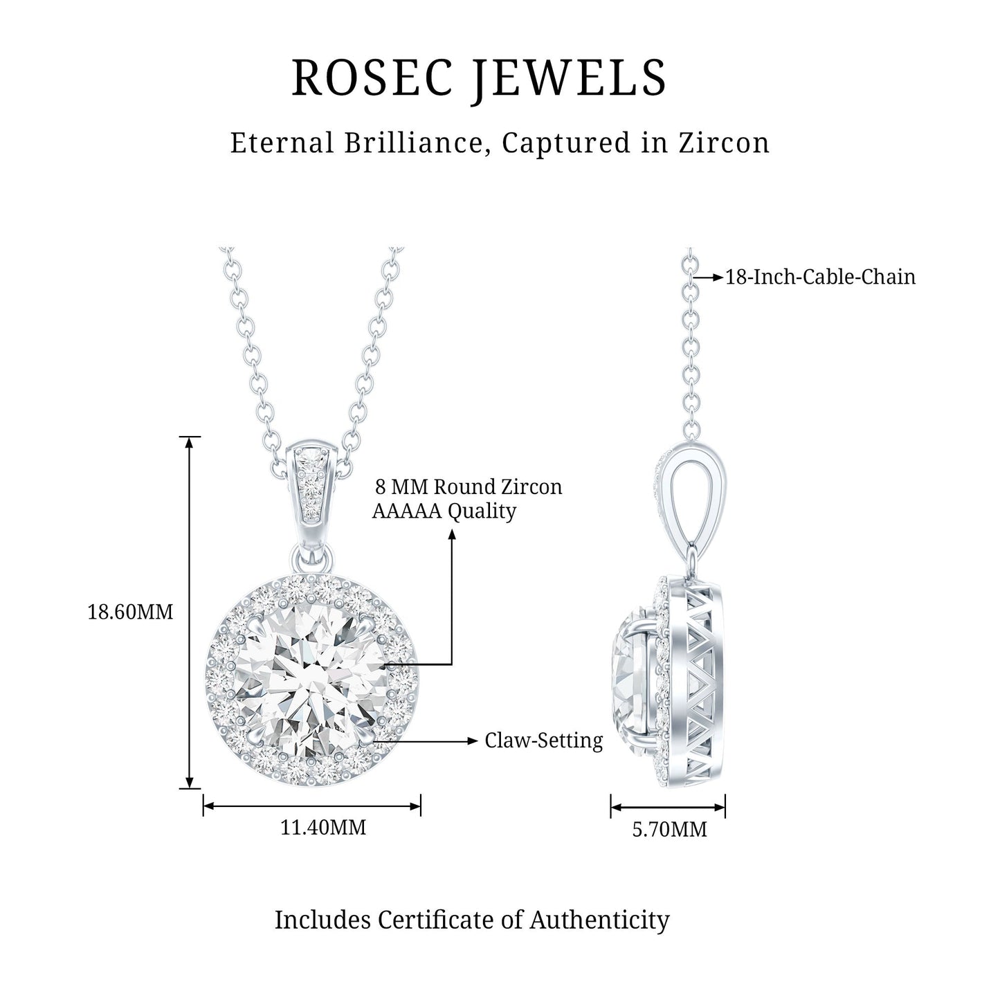Certified 8 MM Round Cubic Zirconia Halo Necklace with Chain