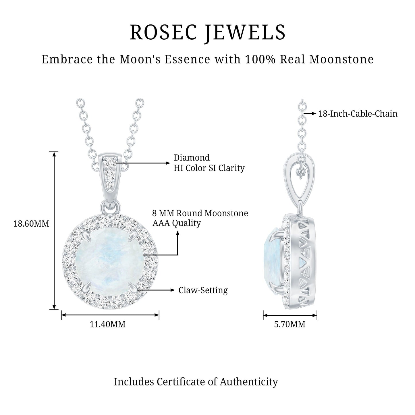 Claw Set 0.85 Carat Round Moonstone and Diamond Halo Pendant