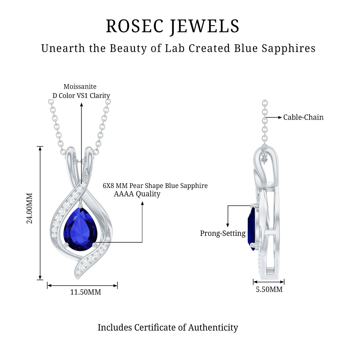 Certified Lab Created Blue Sapphire Teardrop Necklace with Moissanite