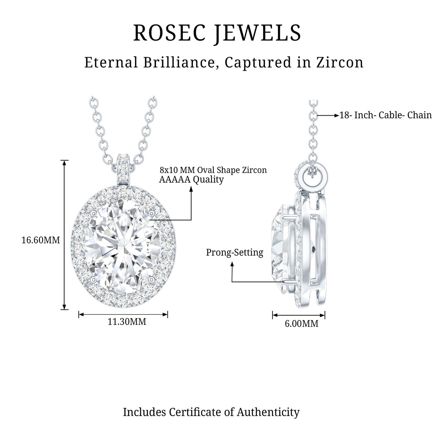 Certified 8X10 MM Oval Cubic Zirconia Halo Pendant with Chain