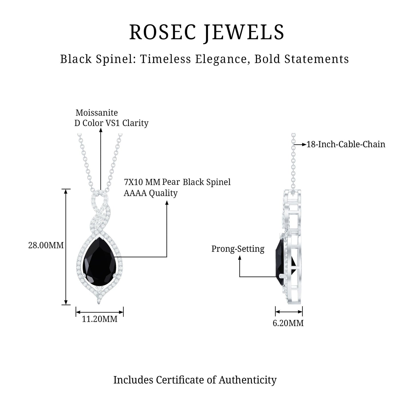 1.75 Carat Pear Shape Black Spinel Statement Necklace with Moissanites