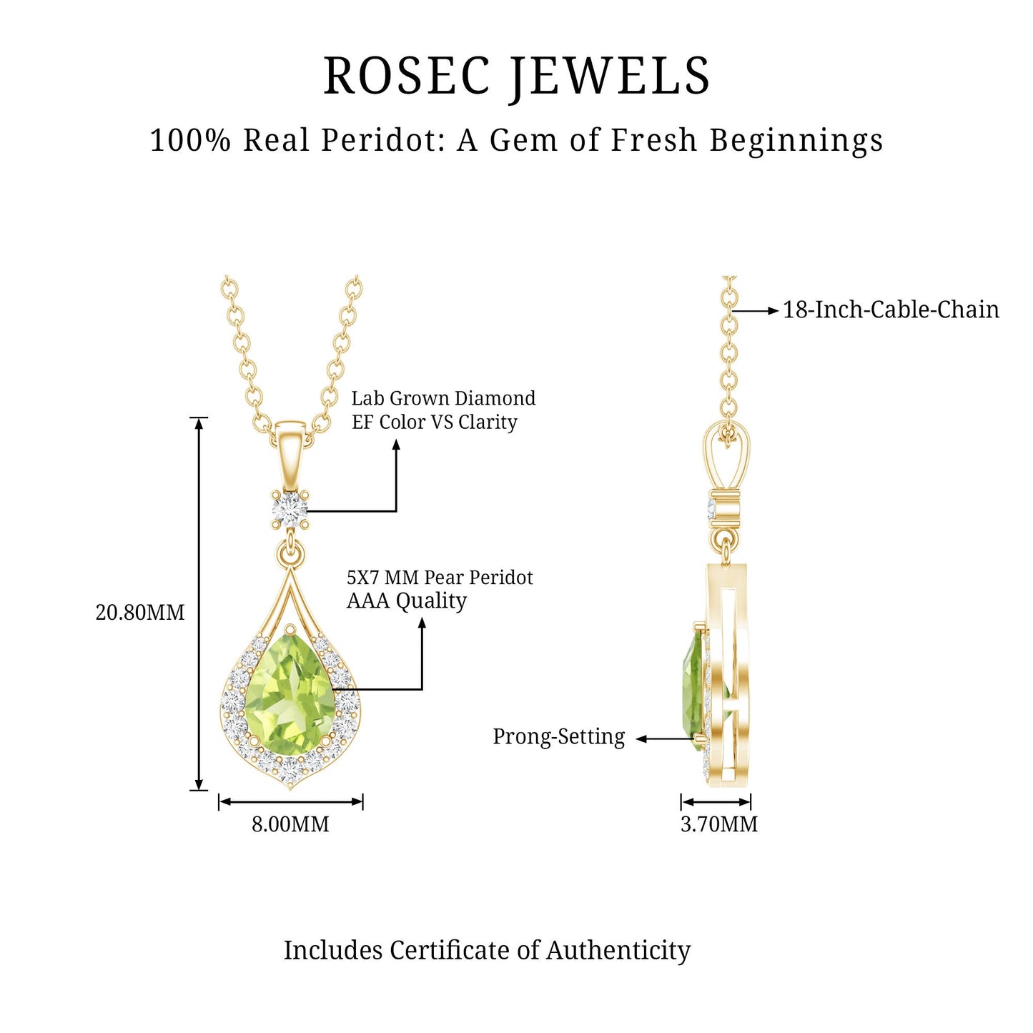 Certified Peridot and Diamond Teardrop Necklace in Gold Plated Silver